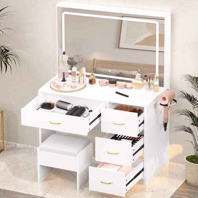 YITAHOME Vanity Desk with LED Lighted Mirror, Makeup Vanity Set with Power Strip, 4 Storage Drawers, Vanity Chair, Dressing Table with Ample Storage, Bedroom Furniture for Women, Ivory White