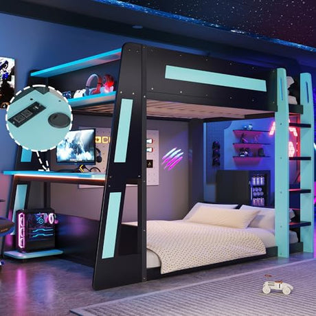 Merax Full Over Full Wooden Gaming Bunk Bed with Built-in Desk, LED Lights, USB Port, and 2 Storage Shelves, Solid Wood Gaming Loft Bed for Bedroom, Black+Blue Merax
