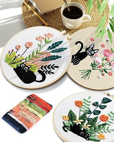 TINDTOP Embroidery Kit for Adults, Embroidery Kit for Beginners Include Embroidery Cloth Hoops Threads for Craft Lover Hand Stitch with Embroidery Skill Techniques (Black Cat) TINDTOP