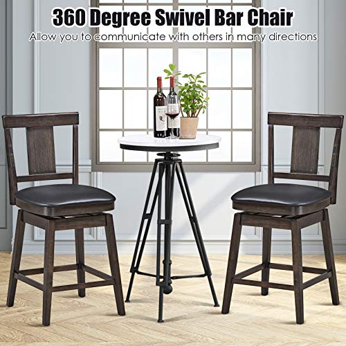 COSTWAY Bar Stools Set of 3, 360 Degree Swivel, Wooden Counter Height Bar Stool, Leather Padded Seat, Single Slat Back & Solid Rubber Wood Legs, - WoodArtSupply