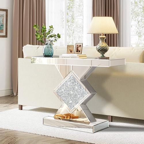 GA Home Silver Mirrored Console Table with Crushed Diamond lnlay, 32" Long Entryway Sofa Table, Shiny Narrow Table for Living Room, Hallway Foyer, Entrance GA Home