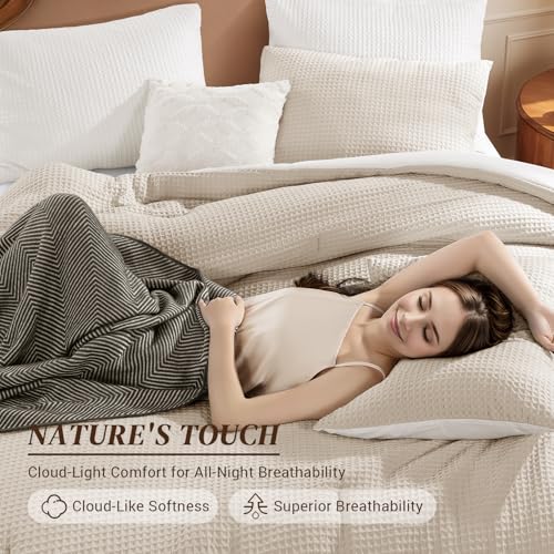 Shilucheng Waffle Cotton King Size Comforter Set - 3 Piece Bedding Set with Comforter and 2 Pillow Shams, Soft & Breathable All-Season Waffle Weave Comforter, Machine Washable, Beige Shilucheng