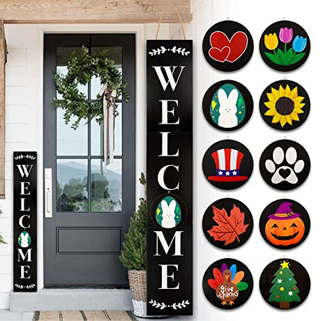 Monjita Welcome Sign for Front Porch Standing, Interchangeable Wooden Sign with 5 Designed Double-Sided Icons for Front Door, All Seasonal Farmhouse Rustic Modern Porch Decor for Fall Harvest MONJITA