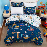 Holawakaka Trucks Tractors Cars Boy Bedding Comforter Set with Sheets, Twin Size Cartoon Construction Car Excavator Print Kids Bed in A Bag 5-Piece, Boys Reversible Dorm Bed Sets (Navy Blue Twin) Holawakaka