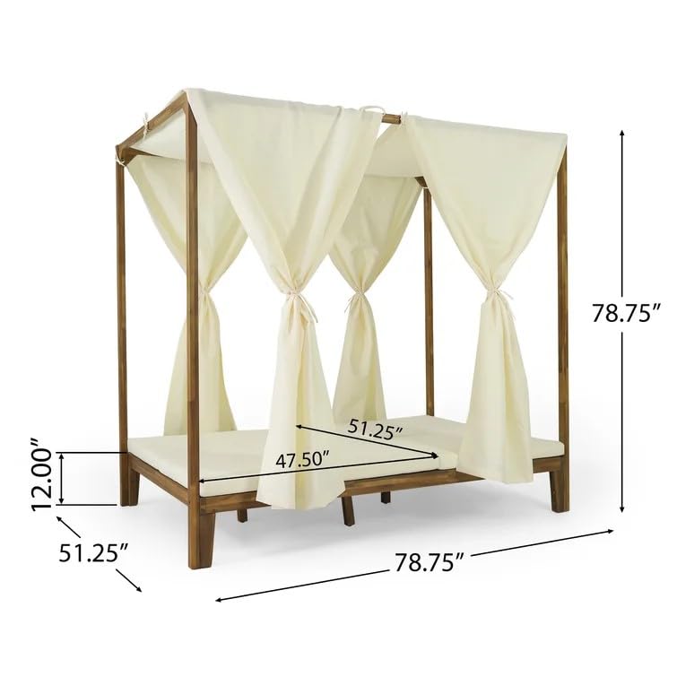 Merax Outdoor Daybed Patio Chaise Lounge,Acacia Wood Sunbed with Adjustable Seats,Overhead Curtains and Thick Cushions for Backyard Merax