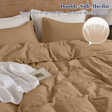 PHF 100% Natural Cotton Muslin Duvet Cover Set Queen Size, Ultra Soft Breathable Absorbent, Luxurious Minimalist Gauze Bedding for All Season, Duvet Set with 2 Pillow Shams, 90" x 90", Brown PHF