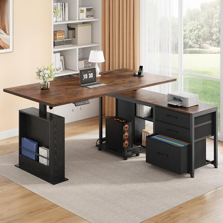 Homiflex 63" L Shaped Standing Desk with 3 Drawers Electric Adjustable Height Desk Corner Standing Desk with Storage Computer Game Desk with Power Outlets Computer Tower Stand for Home Office, Brown Homiflex