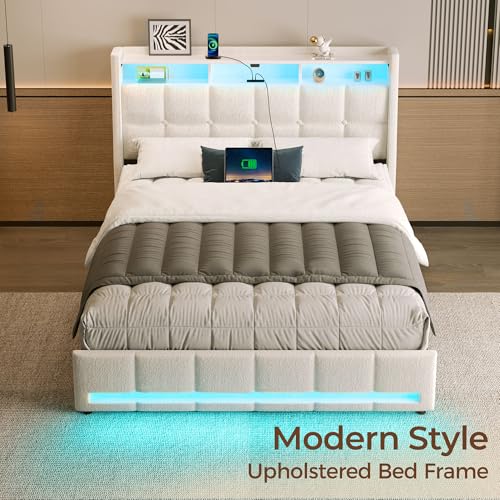 Rolanstar Full Size Bed Frame with LED Lights and Charging Station, Upholstered Headboard with 2-Tier Storage Shelves, Heavy Duty Metal Frame, Noise-Free Support, Easy Assembly, No Box Spring Needed Rolanstar