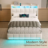 Rolanstar Full Size Bed Frame with LED Lights and Charging Station, Upholstered Headboard with 2-Tier Storage Shelves, Heavy Duty Metal Frame, Noise-Free Support, Easy Assembly, No Box Spring Needed Rolanstar
