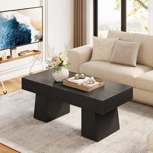 LITTLE TREE Farmhouse Coffee Table, 47 Inches Wooden Rectangular Accent Center Tables with Thick Base, Modern Low Cocktail Tea Furniture for Living Room (Black) LITTLE TREE