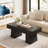 LITTLE TREE Farmhouse Coffee Table, 47 Inches Wooden Rectangular Accent Center Tables with Thick Base, Modern Low Cocktail Tea Furniture for Living Room (Black) LITTLE TREE