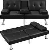 Convertible Folding Futon Sofa Bed Sleeper Couch for Living Room, Modern Faux Leather Upholstered Loveseat w/Removable Armrests, Metal Legs, 2 CupHolders, Love Seat Sofa Bed for Small Spaces (Black) anwickjeff