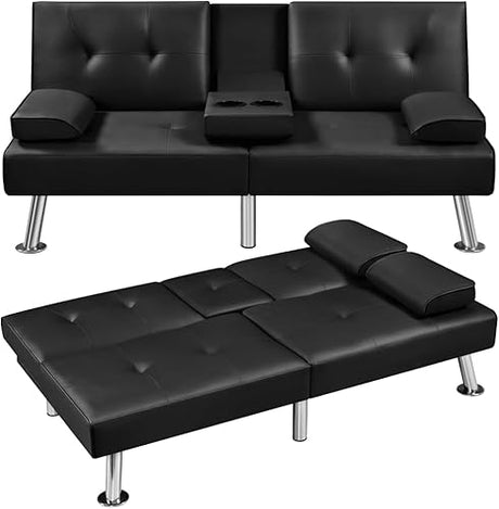 Convertible Folding Futon Sofa Bed Sleeper Couch for Living Room, Modern Faux Leather Upholstered Loveseat w/Removable Armrests, Metal Legs, 2 CupHolders, Love Seat Sofa Bed for Small Spaces (Black) anwickjeff