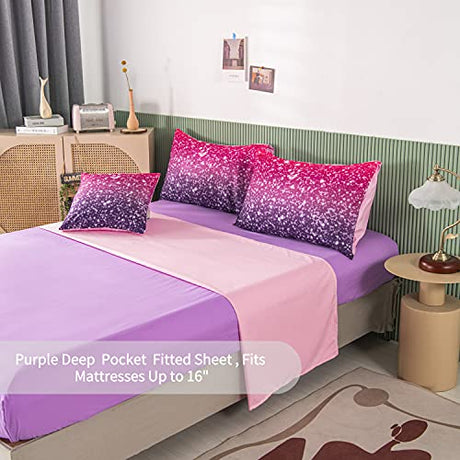 RYNGHIPY 6Pcs Twin Gradient Pink Purple Glitter Comforter Sets for Teens Girls Kids, Colorful Rainbow Glitter Themed Bedding Set RYNGHIPY