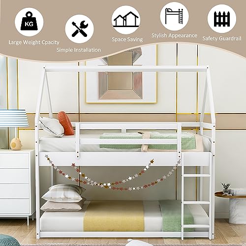 ZJIAH Twin Over Twin Solid Wood House Bunk Bed with Ladder and Safety Guardrails - Fun and Stylish Sleep Solution for Teens ZJIAH