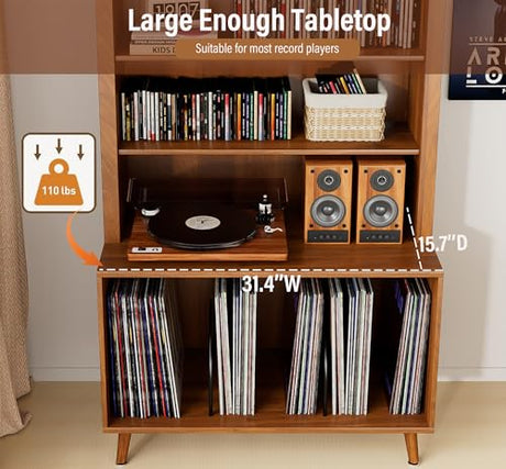 Limaoaio Large Record Player Stand with Vinyl Storage,6-Tier Arched Record Player Table Holds Up 350+ Albums, Turntable Stand with CD/DVD Rack,Vinyl Record Storage for Living Room(Walnut, 31.49''W) Limaoaio