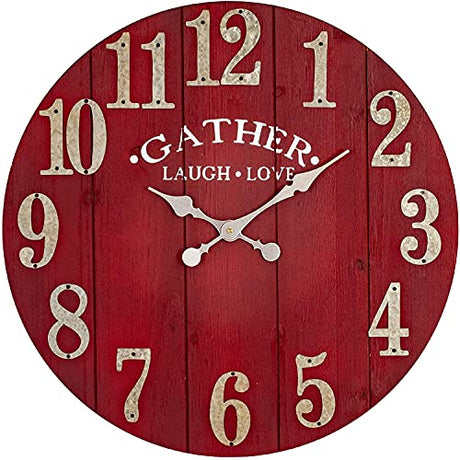 BEW Large Vintage Wooden Wall Clock, 24 Inch Silent Battery Operated Arabic Rustic Chic Decorative Wall Clock for Living Room - Red BEW