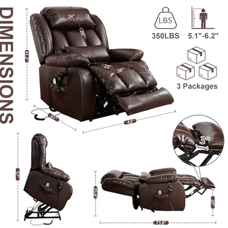 EDILLY XL Large Genuine Leather Lift Chair Recliner for Elderly, Dual Motor with Massage and Heating,with Double Lumbar Cushion and Extended Footrest,USB Port and Remote,Seat Width 26"(Brown) EDILLY