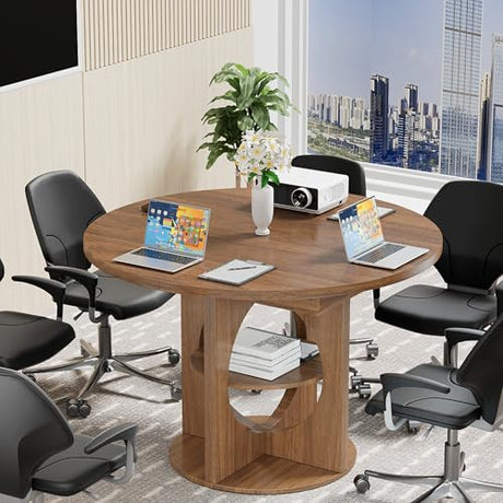 Xyulmeo Extendable Round Conference Table for 4-6, 43-59 Inch Oval Meeting Room Table with Storage, Wood Walnut Circle Table with Leaf, Space Saving, for Office, Conference Room, Boardroom, Seminar Xyulmeo