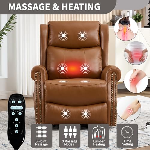 Genuine Leather Recliner Chair for Adults, Manual Swivel Rocker Glider Rocking Chair with Vibration Massage Lumbar Heat for Nursery, Rivet Design Single Sofa Chair for Living Room - Brown