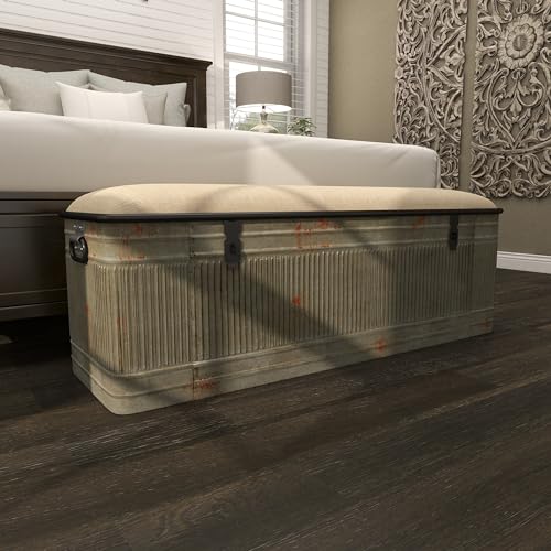 Deco 79 Metal Room Storage Bench Galvanized Entryway Bench with Cream Burlap Top, Bench 50" x 16" x 18", Gray Deco 79
