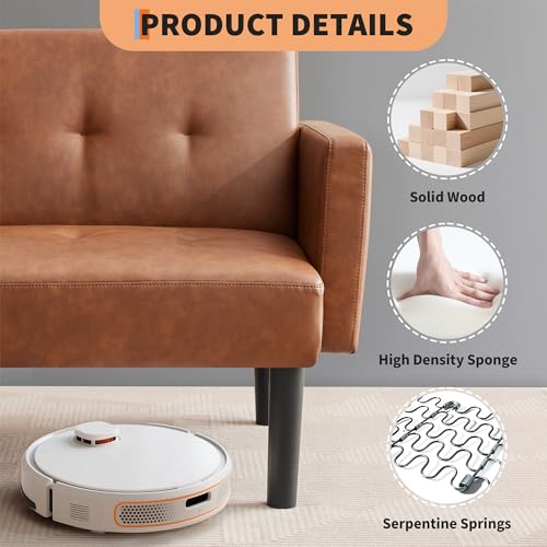 75.5” Convertible Futon Sofa Bed, PU Leather Small Couch Sofa with Wood Legs & 700lbs Capacity, Adjustable Folding Loveseat, Mid Century Modern Futon Couch, Cozy Couches for Living Room - Brown Amenitlif