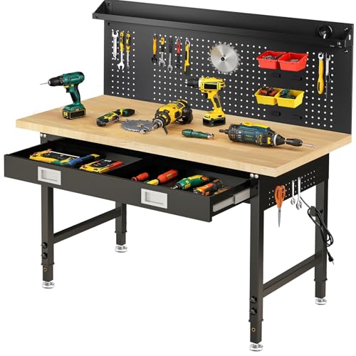 60" Adjustable Work Bench with Drawers, Workbench for Garage with Strip Light, Work Table with Large Pegboard, 2000 LBS Heavy Duty Table with Power Outlet Rubber Wood for Office, Workshop FIXCHIGO