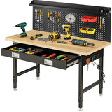 60" Adjustable Work Bench with Drawers, Workbench for Garage with Strip Light, Work Table with Large Pegboard, 2000 LBS Heavy Duty Table with Power Outlet Rubber Wood for Office, Workshop FIXCHIGO