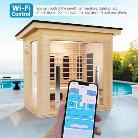 3-4 Person Hybrid Home Wood Sauna, Outdoor WiFi Control Traditional Hemlock Steam & Far Infrared Saunas Spa Room with Red Light Therapy, 11 Heaters& Electric Stove, Accessories Included, Leftdoor Smartmak