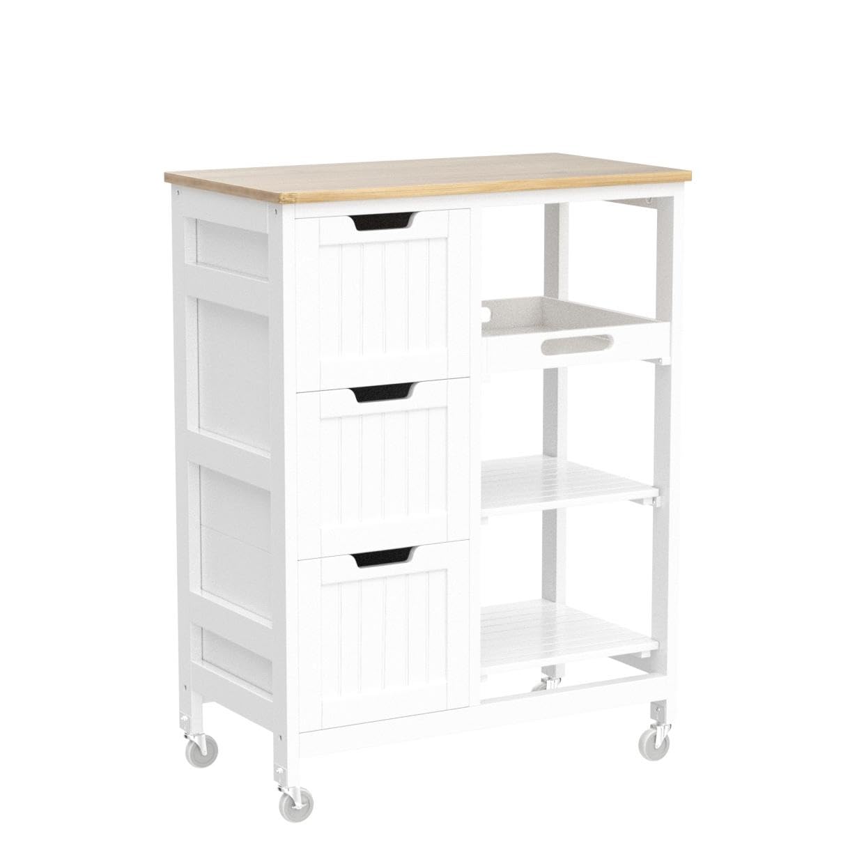 Yaheetech Kitchen Island Cart on Wheels with Bamboo Countertop, Rolling Serving Utility Trolley Cart with 3 Drawers, 3 Removable Shelves & Lockable Casters, Storage Cabinet for Dining Room, Bar, White