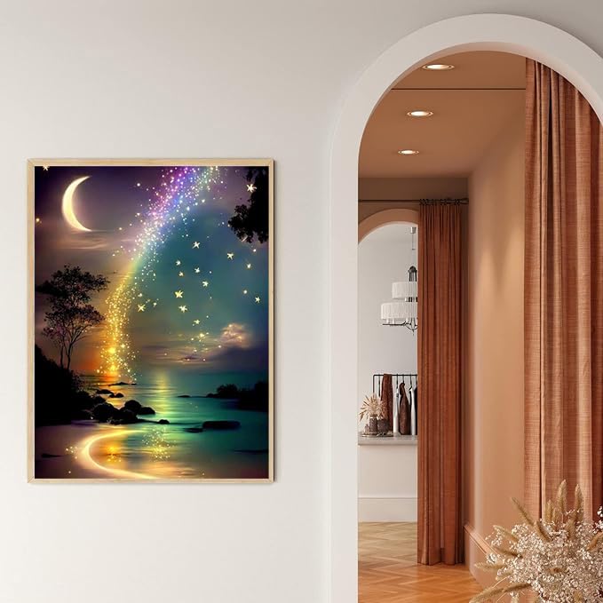 Ekuxom Moon Diamond Art Painting Kits for Adults, Star Glow in The Dark Diamond Art Kits, Full Round Rainbow Diamond Art Dots Wall Art Decor 12x16 in Ekuxom