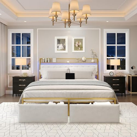 GarveeHome King Bed Frame with 2 Storage Drawers, LED Bed Frame with 2-Tier Storage Headboard&Charging Station, Metal Platform Bed Frame, No Box Spring Needed, Noise Free, White GarveeHome