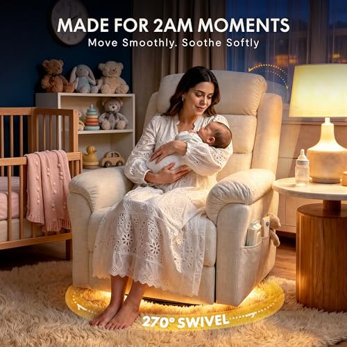 FLEXISPOT Souffle-Pro Swivel Rocker Recliner Chair with Nightlight, Power Nursery Glider Recliner with Massage & Heat, Adjustable Headrest, Oeko-TEX Fabric, Ideal for Nursery & Home Relaxation, Cream