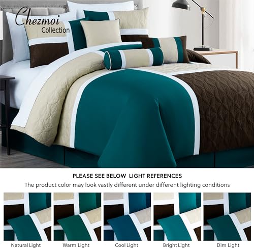 Chezmoi Collection Upland 7-Piece Quilted Patchwork Comforter Set, Teal/Beige/Brown, King Chezmoi Collection