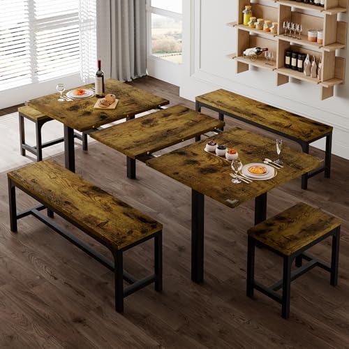 Feonase 5-Piece Dining Table for 4-8 People, 63" Extendable Kitchen Table Set with 2 Benches & 2 Square Stools, Dining Room Table with MDF Wood Board, Easy Clean, Rustic Brown - WoodArtSupply