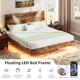 BarnFurin Floating Bed Frame King Size with Led Lights, Wooden Bed Frame with Reading Light Headboard, Heavy Duty Metal Slats, No Box Spring Needed, Easy Assembly, Rustic Brown BarnFurin
