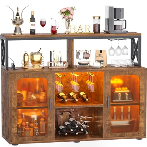 Aheaplus Bar Cabinet with Power Outlets, Liquor Cabinet with Led Lights and Glass Holder, Storage Buffet Cabinet Coffee Bar Cabinet for Liquor, Wine Cabinet with Racks, RustivBrown Aheaplus