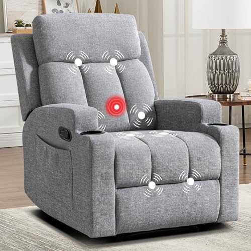 CANMOV Manual Recliner Chair with Massage & Heat,Soft Fabric Recliner Chair with Overstuffed Armrest & Backrest, Manual Reclining Single Sofa with 2 Cup Holders, Side Pocket for Living Room,Light Grey