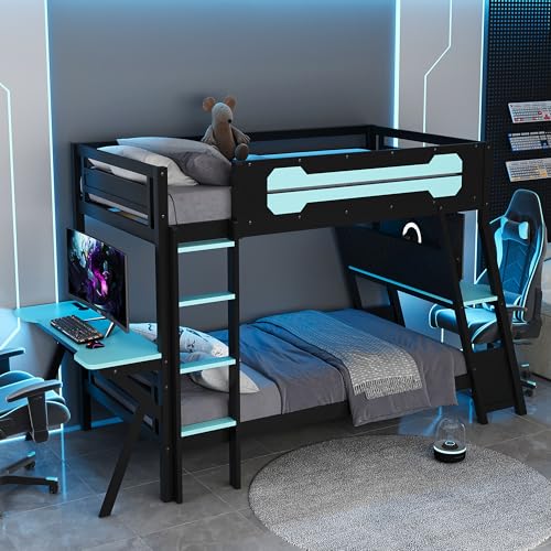 SOFTSEA Gaming Bunk Bed with Desk, Storage, Pegboard & Charging Station, Twin Over Twin Wood Bunk Bed with 2 Desks for Kids Teens & Adults, Space Saving, Black & Blue SOFTSEA