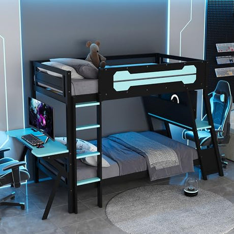 SOFTSEA Gaming Bunk Bed with Desk, Storage, Pegboard & Charging Station, Twin Over Twin Wood Bunk Bed with 2 Desks for Kids Teens & Adults, Space Saving, Black & Blue SOFTSEA