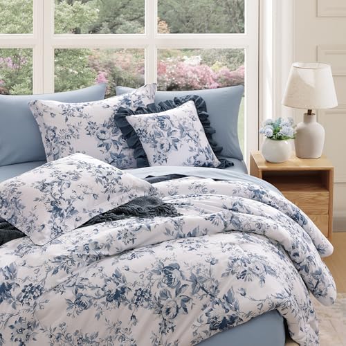 BLOOMHAVEN Full Comforter Set -7 Pieces Floral Blue Comforter Set for All Seasons, Bed in a Bag Full with Botanical Flowers Comforter, Sheets, Pillowcases & Shams BLOOMHAVEN