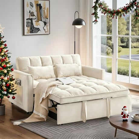 Trygoal Convertible Sofa Bed, Pull Out Couch with Side Pockets, 3 in 1 Velvet Fabric Loveseat Sleeper Sofa Bed, Pull Out Couch with Adjustable Backrest for Living Room, Bedroom, Apartment, White Trygoal