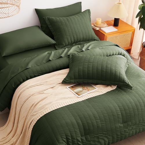 CozyLux Full Size Comforter Sets with Sheets Seersucker 7 Pieces Olive Green Bed in a Bag Textured Luxury Soft Bedding Set with Down Alternative Comforter, Sheets, Pillowcases & Shams for All Seasons CozyLux
