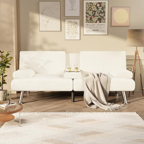 Homall Futon Sofa Bed, Futon Couch with Removable Armrests, Adjustable Recliner Sleeper Sofa Bed with Dual Cup Holders for Living Room, Apartment, Office (Corduroy, White) Homall