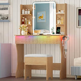 Vanity Desk with LED Lights Mirror & Power Outlet, Small Makeup Vanity Table Set with Storage Drawers & Chair, 3 Lighting Modes & Adjustable Brightness, Dressing Table for Women Girls Bedroom, Oak Xixini