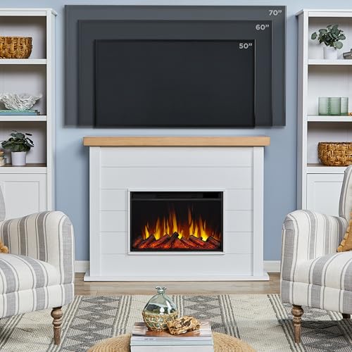 Real Flame Marshall 49" Slim Electric Fireplace with Mantel for Living Room or Bedroom, Replaceable Fireplace Insert Heater, Realistic Log and Flame Effect, Remote Control, White