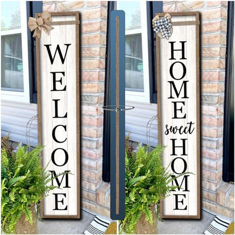 Outdoor Welcome Sign for Front Porch Standing Large 2 Sided 45"X9" Wooden Frame Tall Vertical Leaner Long Home Sweet Home Front Door Sign for Rustic Outside Farmhouse Modern Decor (Wood White) Surfapans