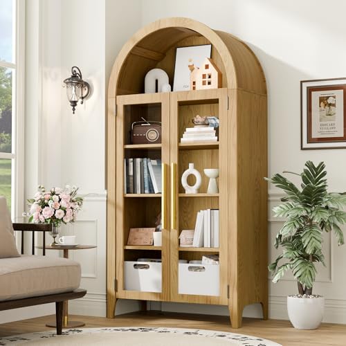 TRUNBACK 63" Arched Display Cabinet with Glass Doors, 5-Tier Curio Cabinet for Living Room, Adjustable Shelves for Dining Room & Home Office, Oak TRUNBACK