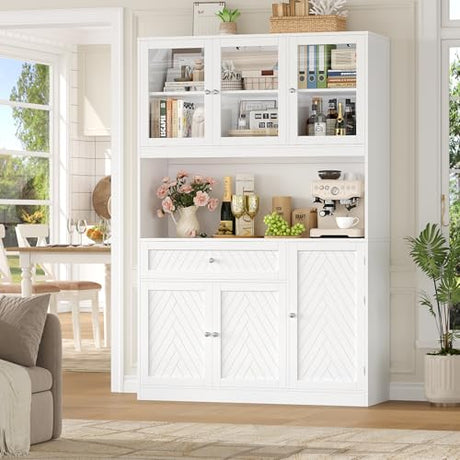 BOTLOG 72” Tall Kitchen Pantry Storage Cabinet, Modern White Kitchen Hutch with Large Storage Drawer, Countertop, Adjustable Shelves, Food Pantry Cabinets for Dining Room, Living Room BOTLOG