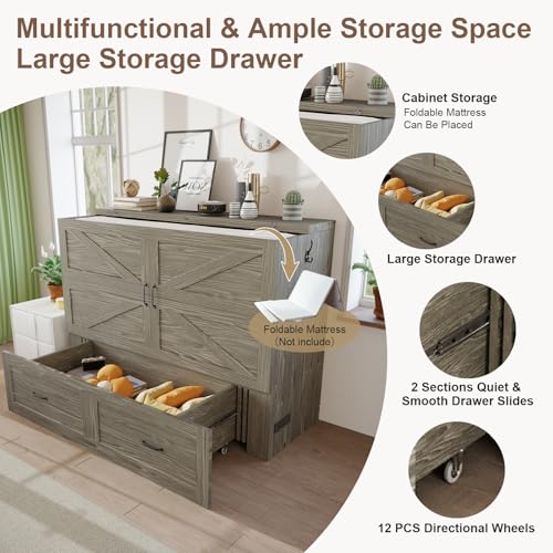 KCGKCG Full Size Murphy Bed with Storage & Charging Station, Murphy Cabinet Bed with Large Drawer for Guest Bedroom, Living Room, Office or Small Room, Full Foldable Platform Bed (Grey, Full) KCGKCG